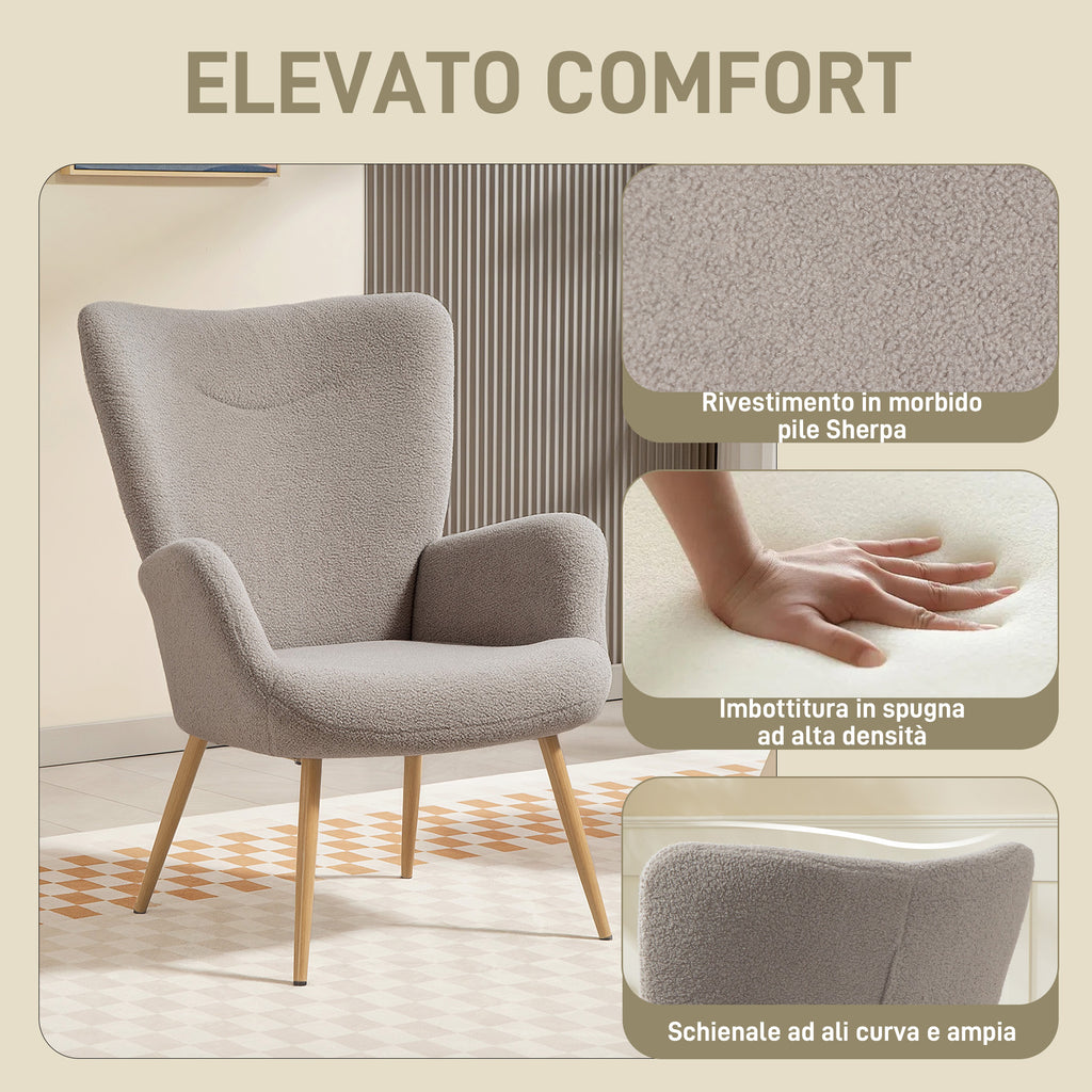 Modern Sherpa Fabric Upholstered Armchair with High Back and Armrests, Grey