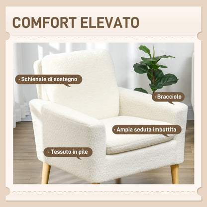 HOMCOM Padded Living Room Armchair, Modern Armchair in Fleece and Wood, 75x78x81 cm, Cream White