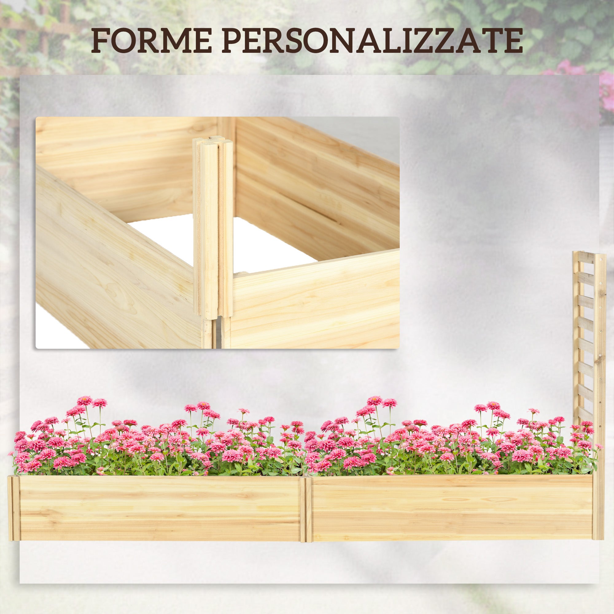 Planter with Trellis for Climbing and Open Bottom, in Fir Wood, 230x60x110 cm, Wood color