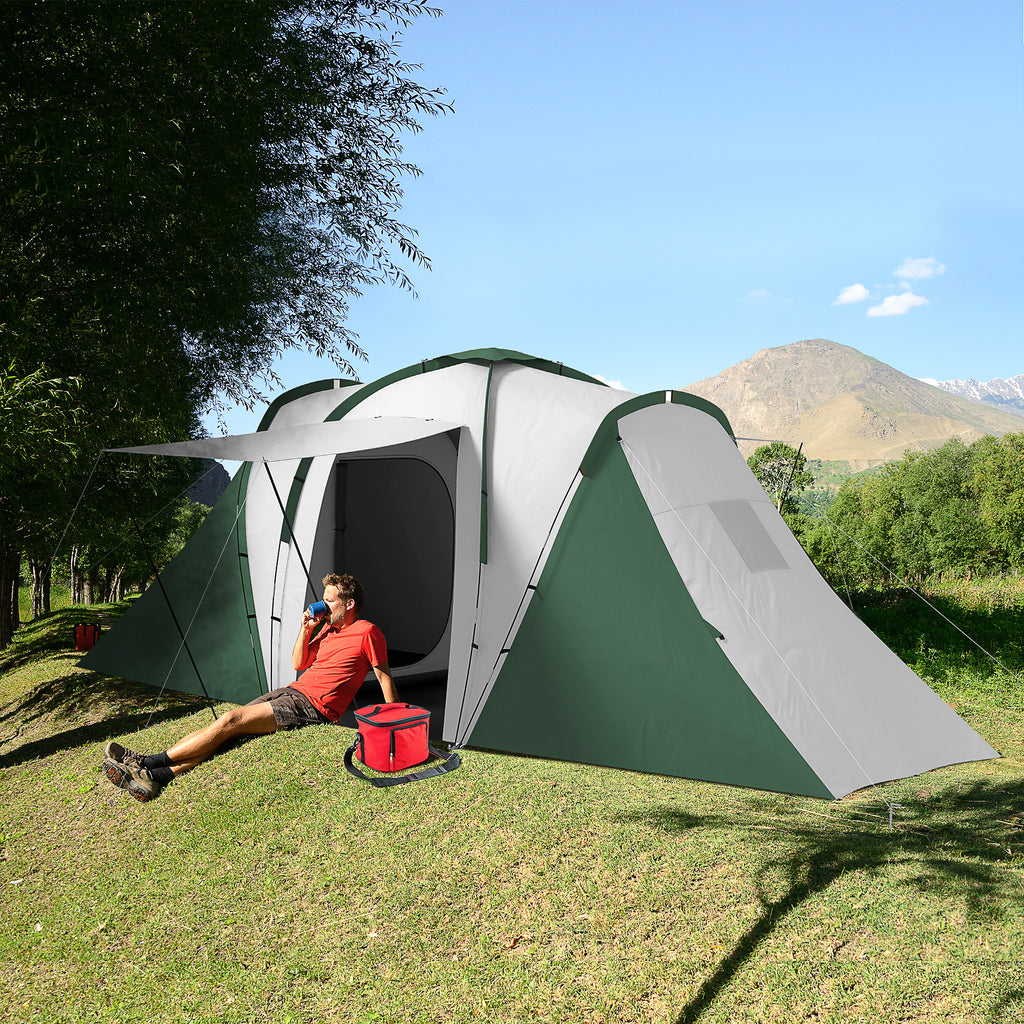 Camping Tent 4-6 People with 2 Rooms, in Polyester and Fiberglass, 555x225x190 cm, Gray and Green
