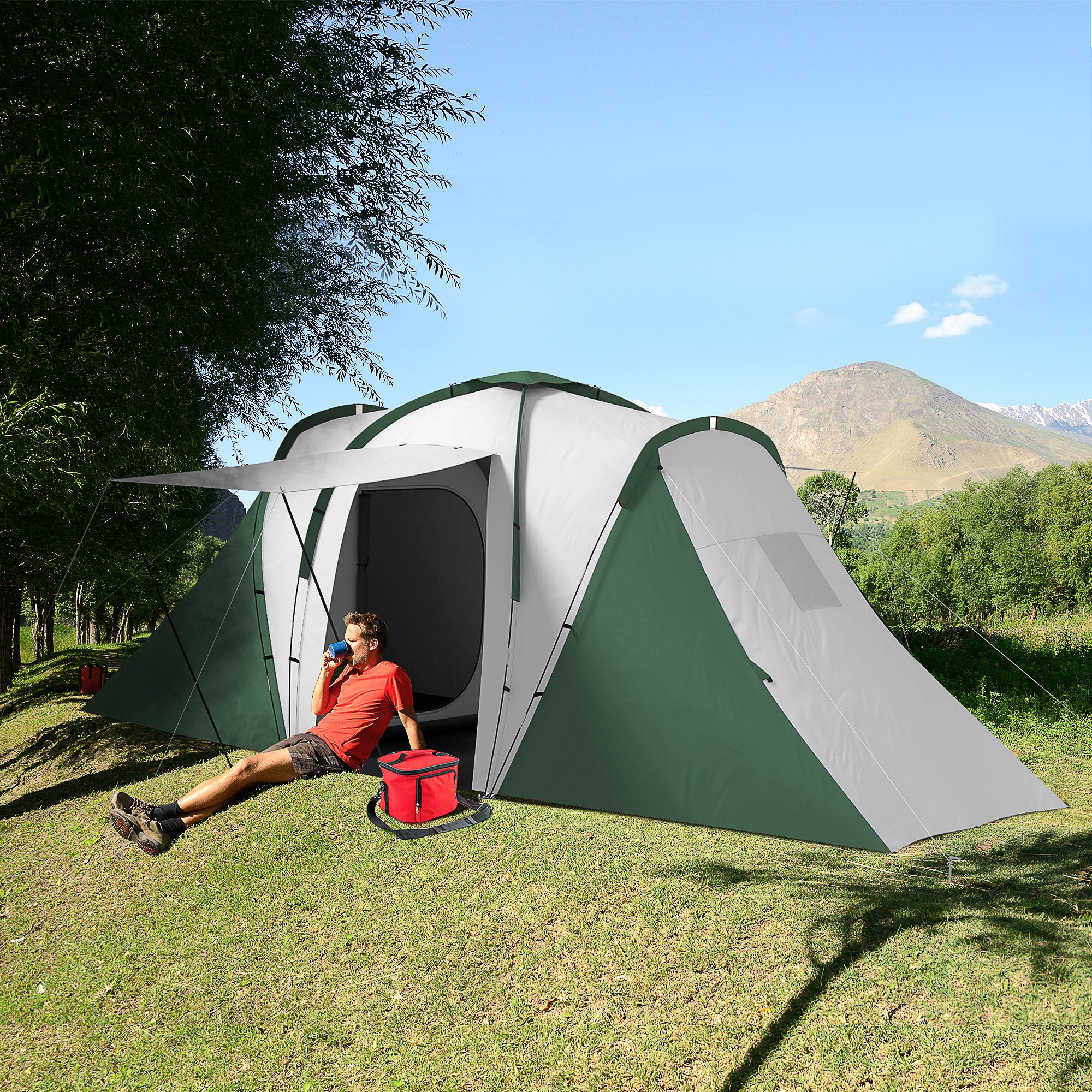 Camping Tent 4-6 People with 2 Rooms, in Polyester and Fiberglass, 555x225x190 cm, Gray and Green