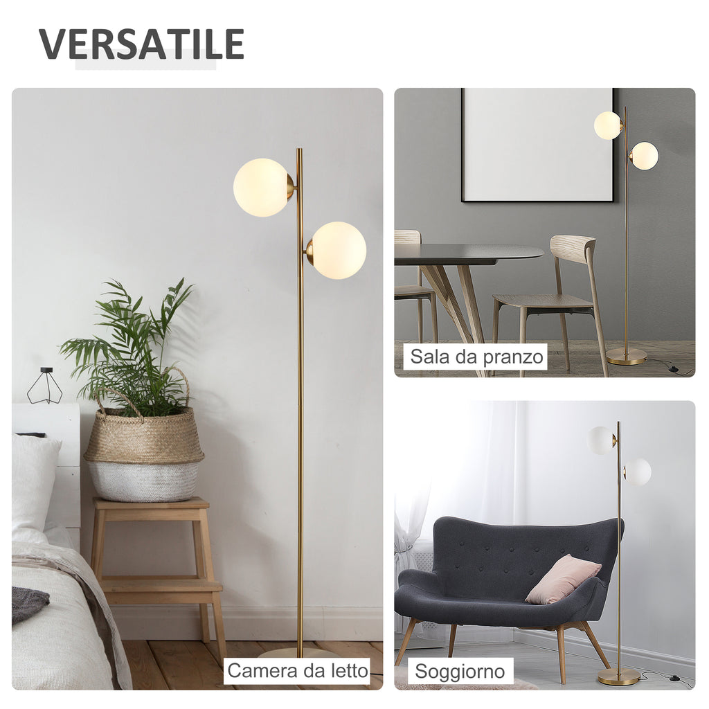 Floor Lamp with 2 Lights and Sphere Lampshades, Foot Switch and E27 Socket, Ø28x165 cm, Gold