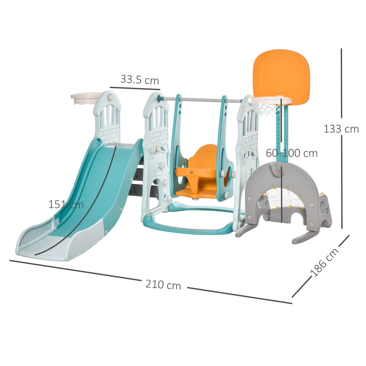 Children's Slide for 4 Years Max with Swing, Basket, Door and Rings, in HDPE and PP, 210x186x133 cm