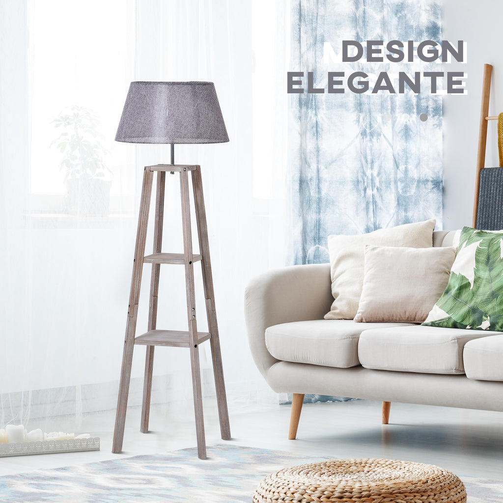 Homcom wooden ground lamp with 3 shelves and fabric lampshade, 45x45x148cm, gray - Borgè