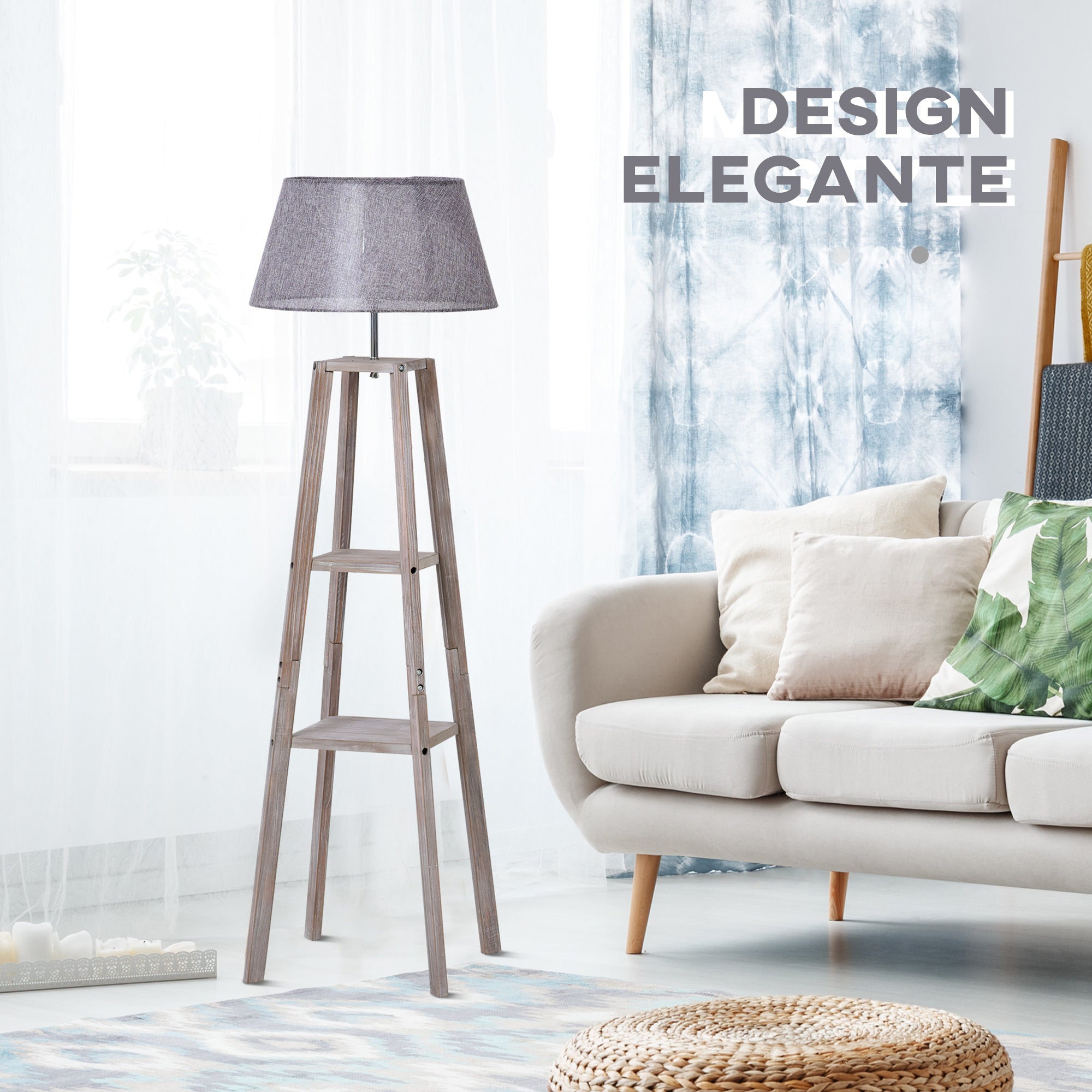 Homcom wooden ground lamp with 3 shelves and fabric lampshade, 45x45x148cm, gray - Borgè