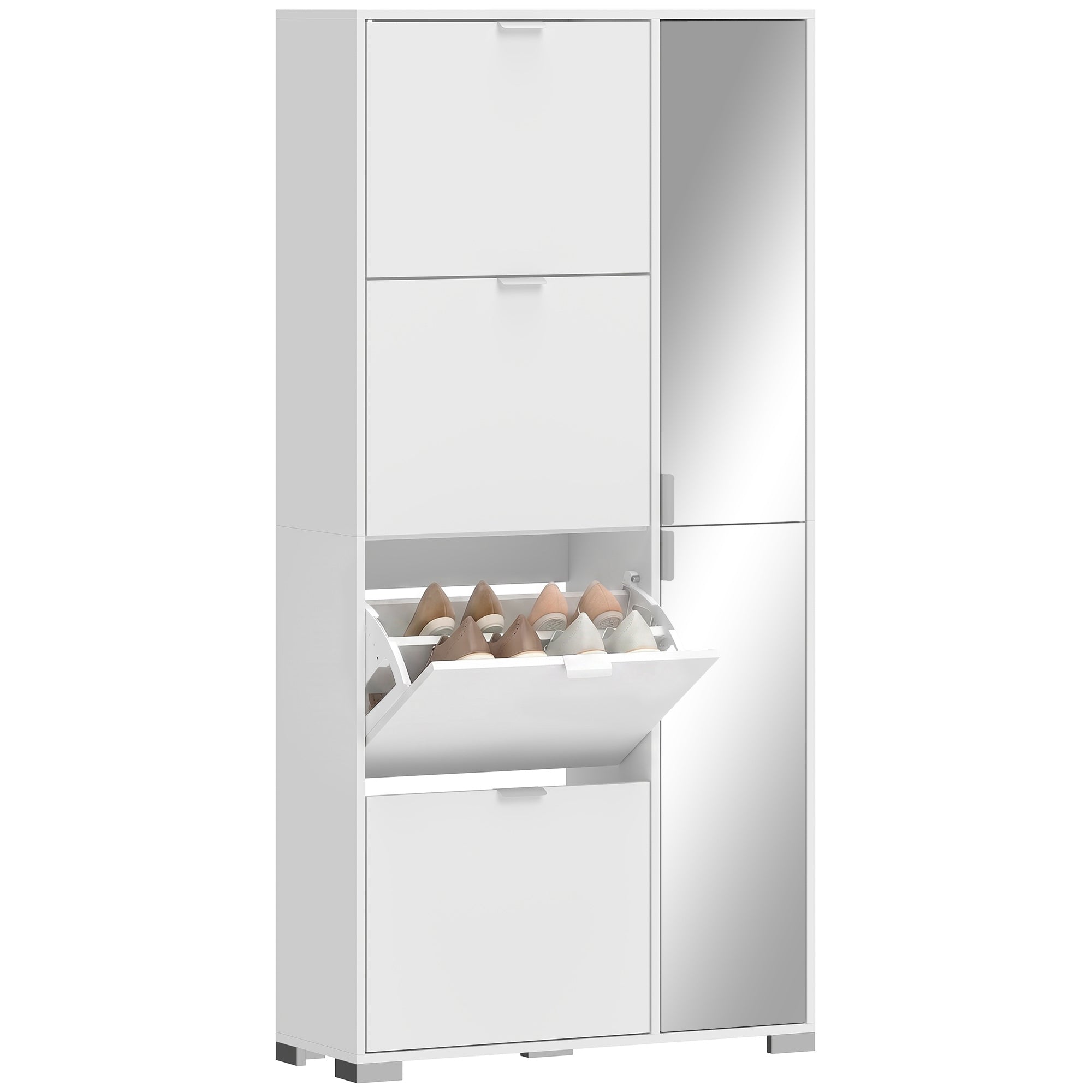 HOMCOM Shoe Rack with Mirror, 4 Drawers with Flap, Entrance Shoe Cabinet, White