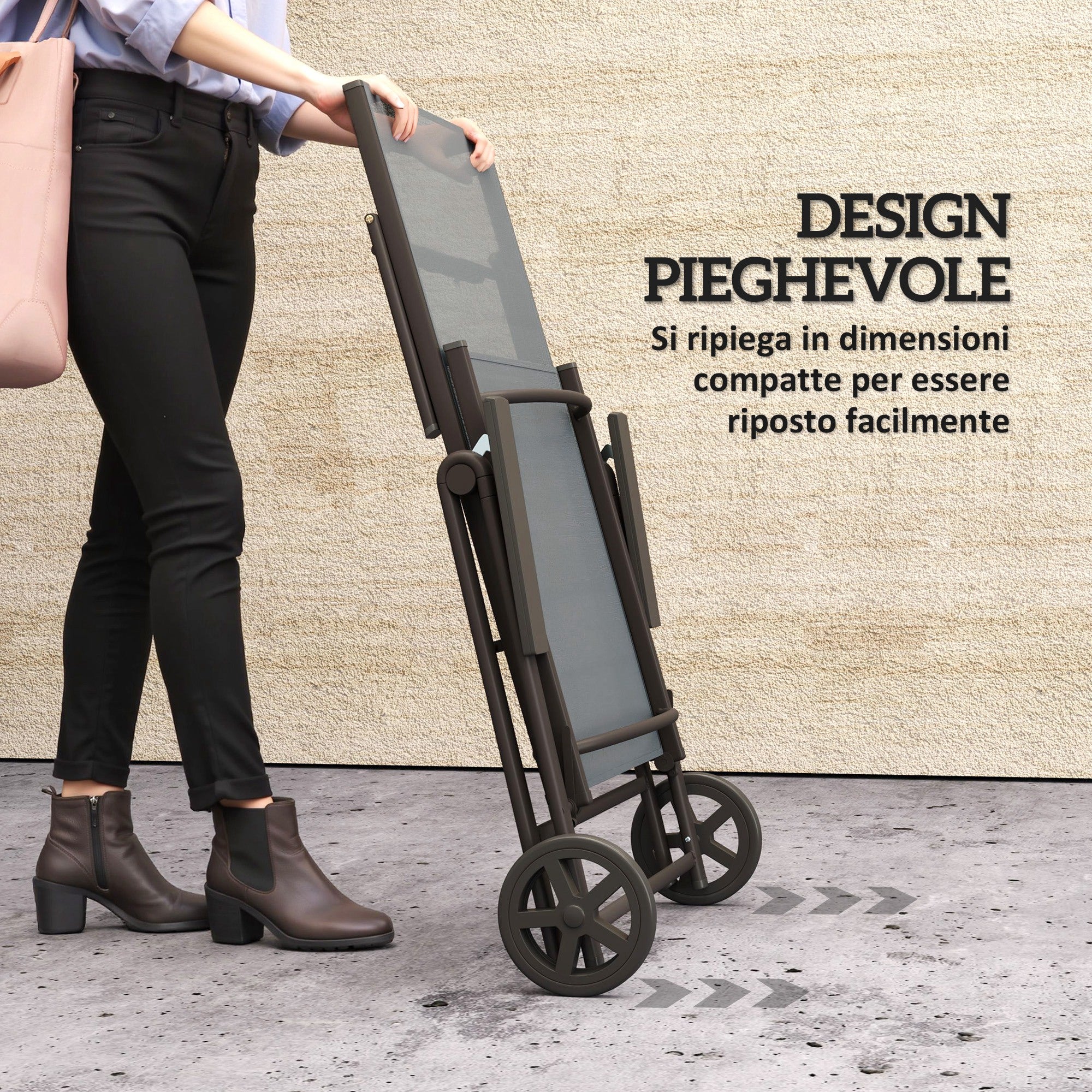 Folding and Reclining Deckchair in 5 Positions with Wheels, in Metal and Textilene, 72x158x84 cm, Gray