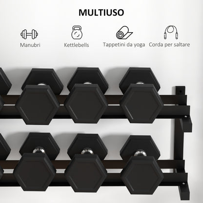 2-Tier Wall-mounted Dumbbell Rack for 70kg max, in Steel, 98x40x35 cm, Black - Borgè