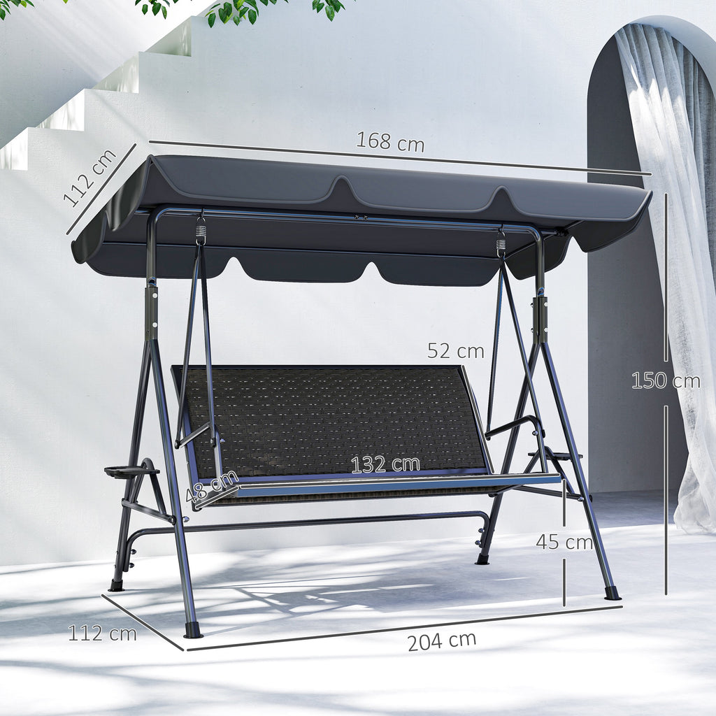 Outsunny 3-Seater Garden Swing in PE Rattan and Steel with Canopy and Cup Holder, 204x112x150 cm, Grey