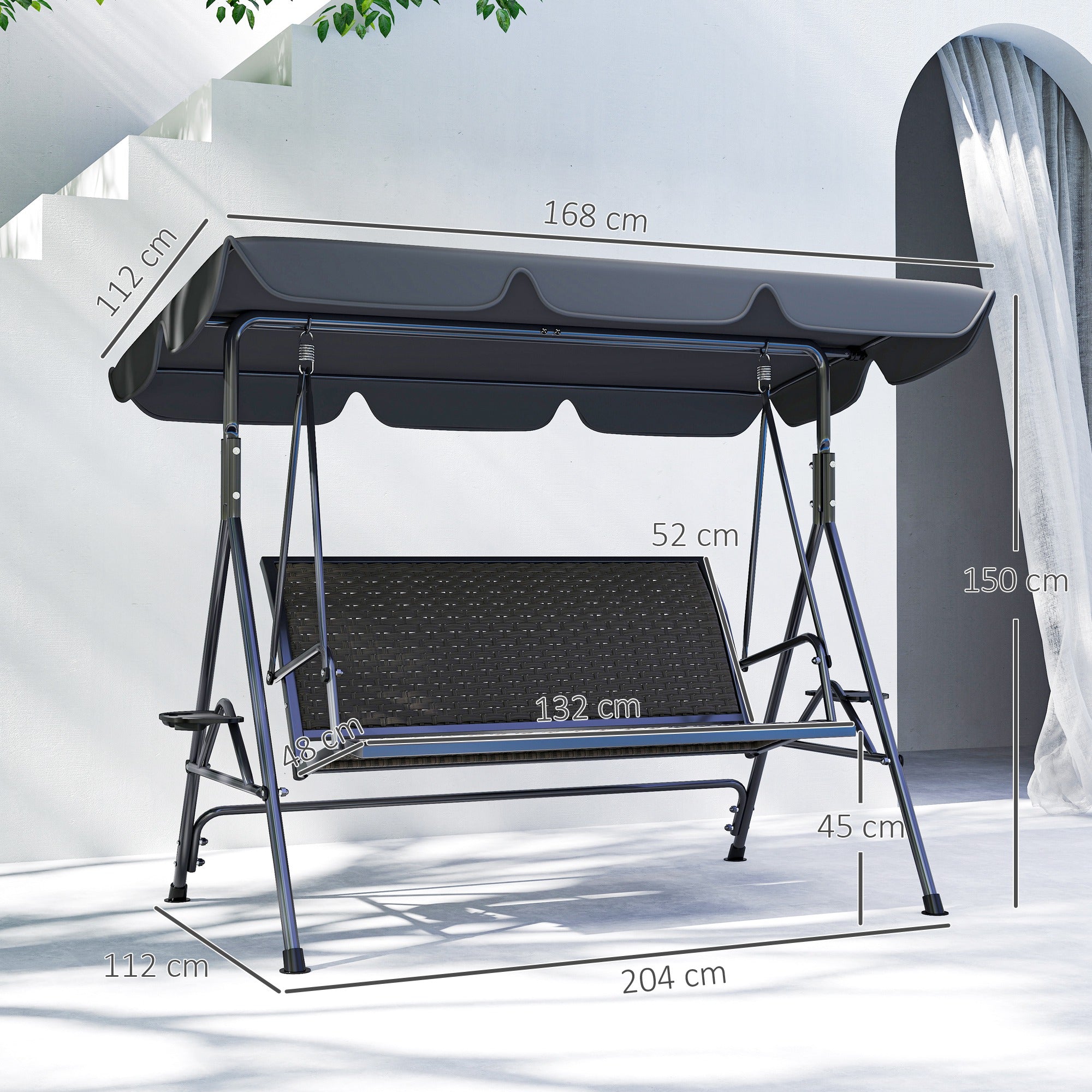Outsunny 3-Seater Garden Swing in PE Rattan and Steel with Canopy and Cup Holder, 204x112x150 cm, Grey