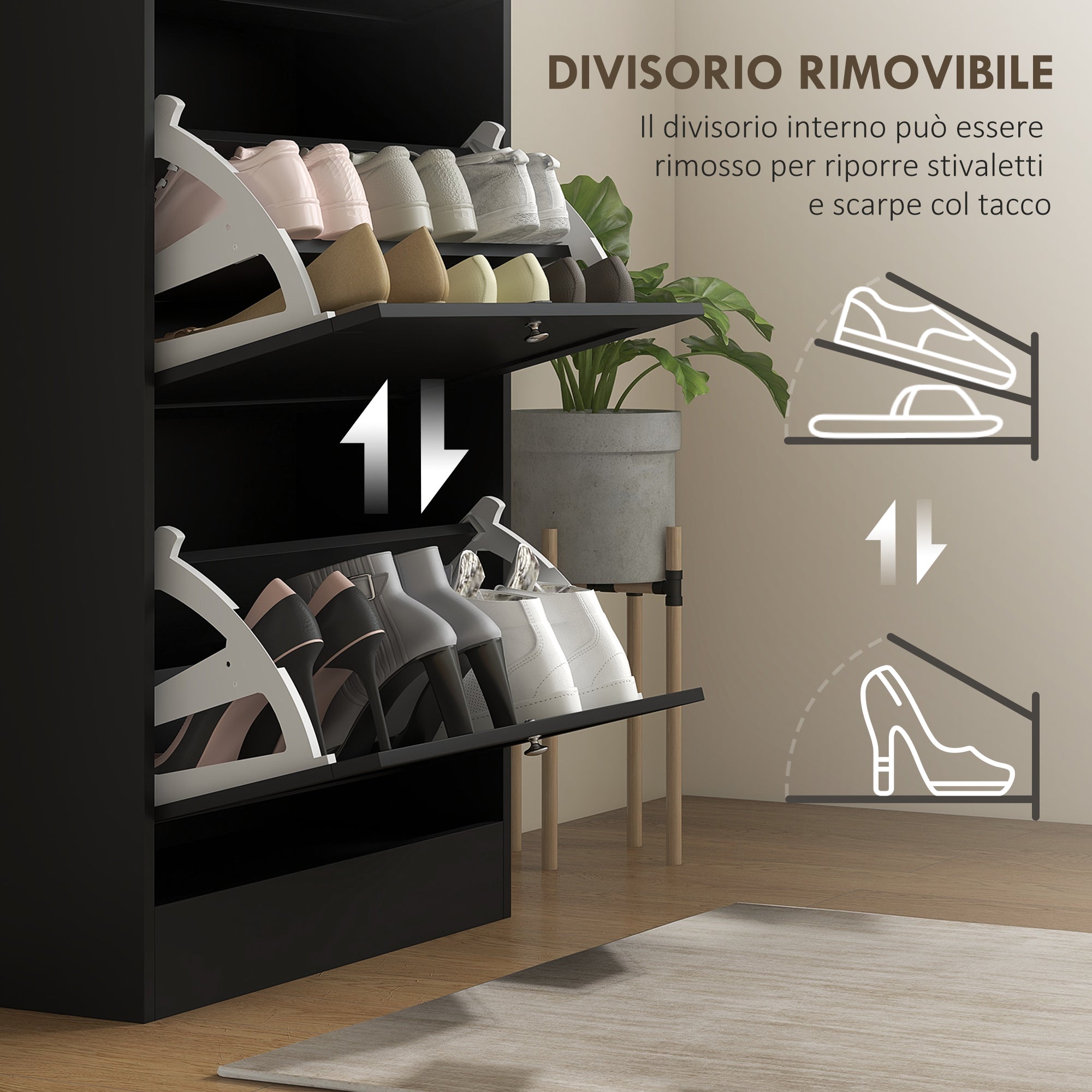 Space-saving 3-drawer shoe rack with adjustable shelves on 2 levels, in wood, 60x23.5x115 cm, Black