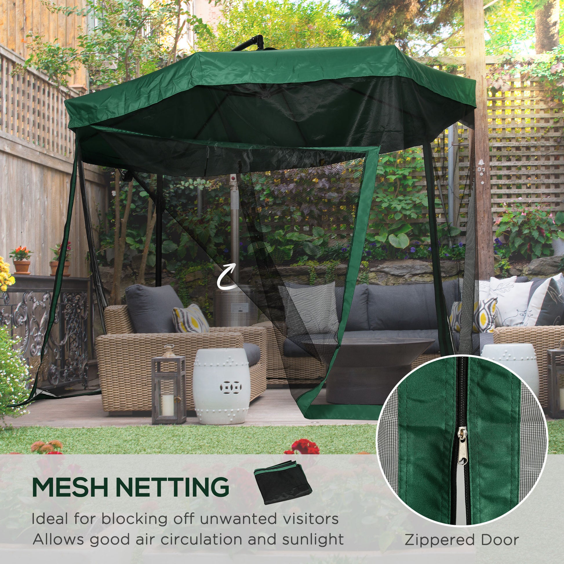 Outsunny Garden Umbrella 3x3 m with Mosquito Net, Crank Opening and Cross Base, Green - Borgè