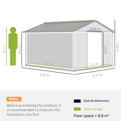 Garden House with 2 Sliding Doors and 4 Air Vents, Steel, 322x277x192 cm, Dark Grey - Borgè