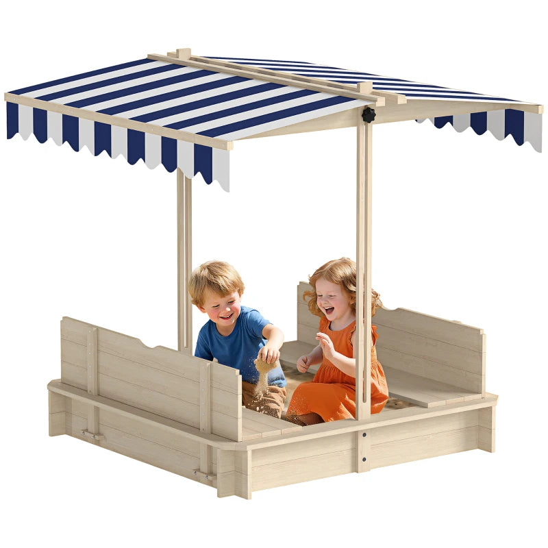 Children's Wooden Sandpit with Sun Shade, Bench and Lid, 106x106x115 cm White and Blue