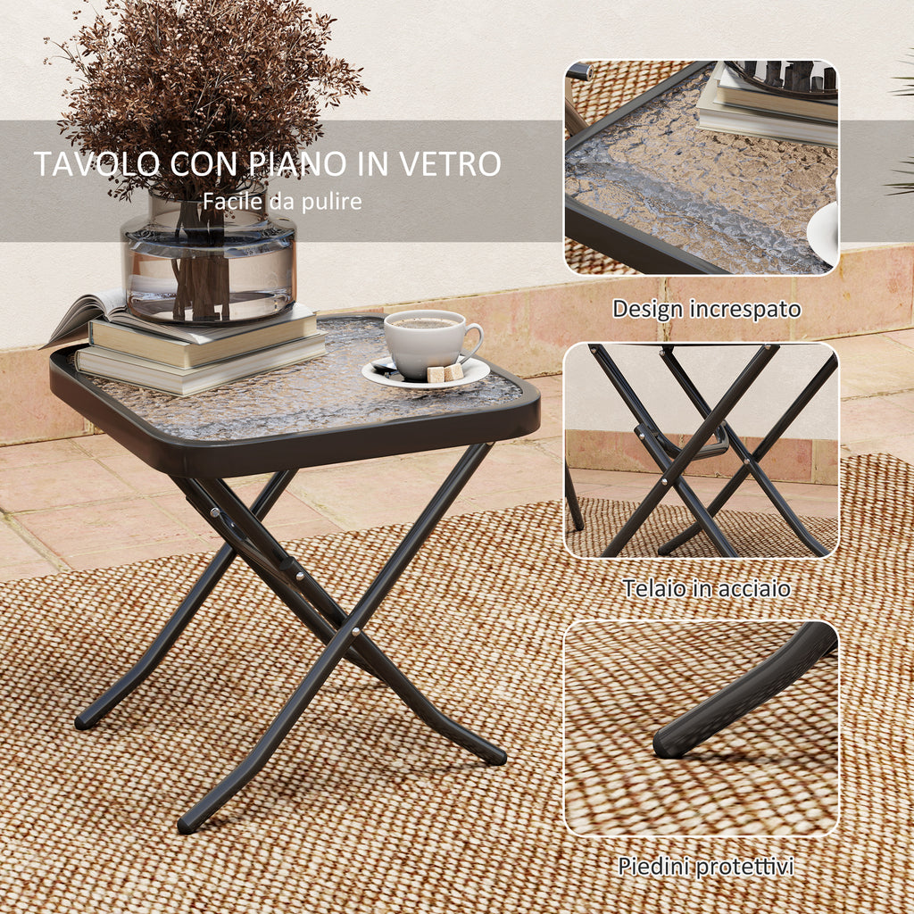 Garden Set with Glass Top Table and 2 Folding Chairs with Adjustable Backrest, Grey