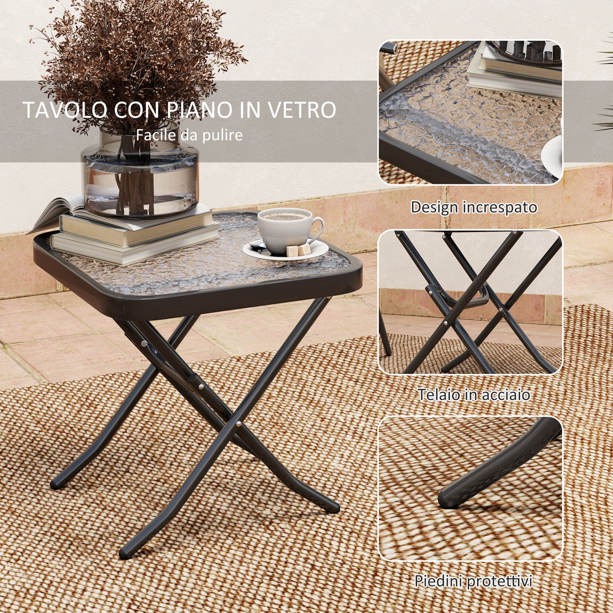 Garden Set with Glass Top Table and 2 Folding Chairs with Adjustable Backrest, Grey