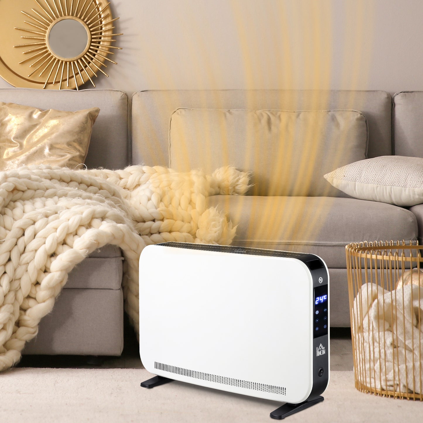 Electric Radiator with 3-Mode, Timer and Thermostat, in Steel and Plastic, 60x18.5x39.5 cm, Black and White