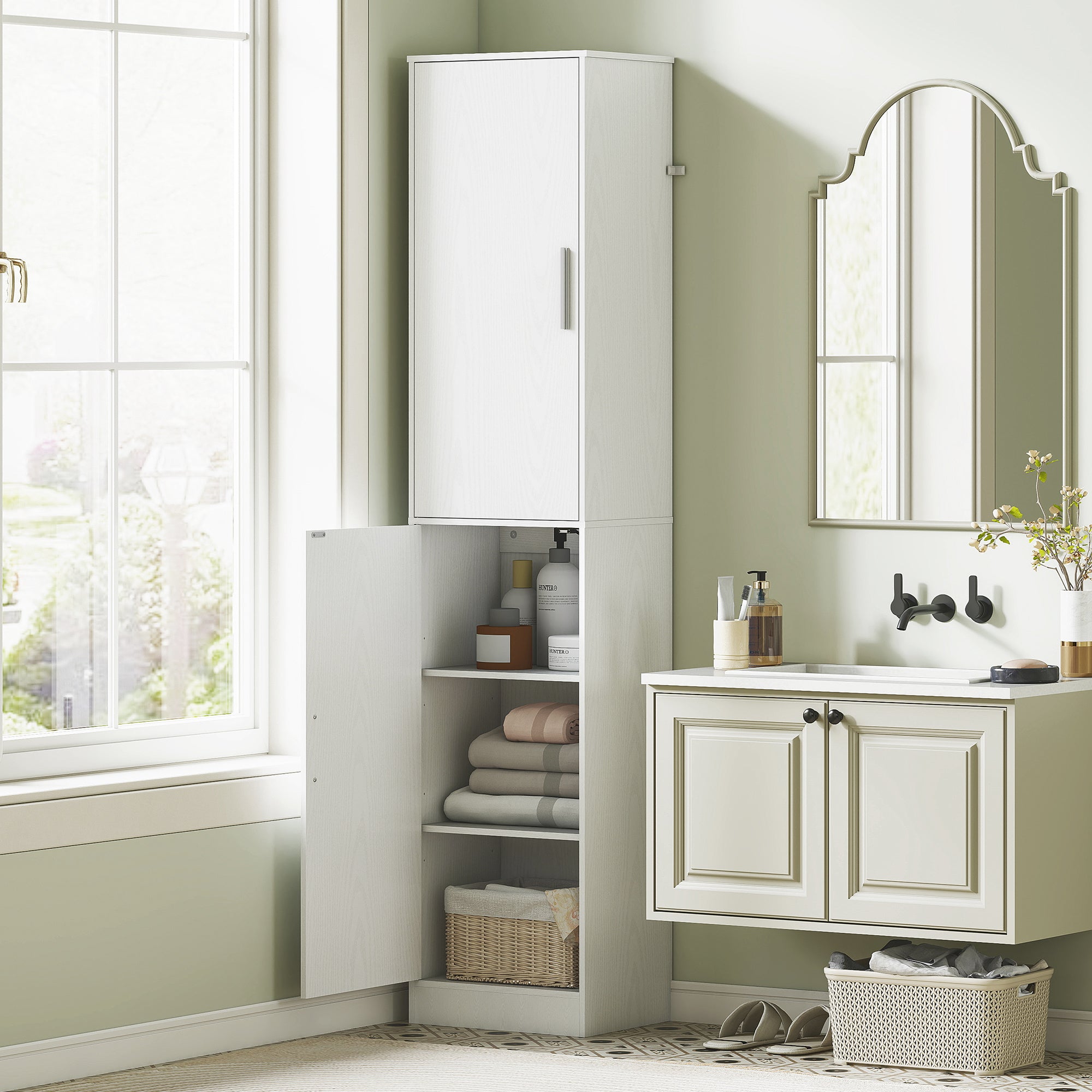 Bathroom Cabinet Column with 2 Cabinets and 6 Adjustable Shelves, in Wood, 40x35x180 cm, White