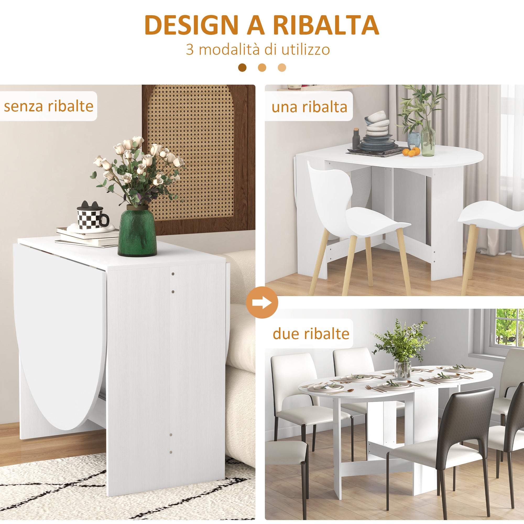 Folding Table for 6 People with 2 Oval Wooden Drop-Leafs, 163x80x75 cm, White