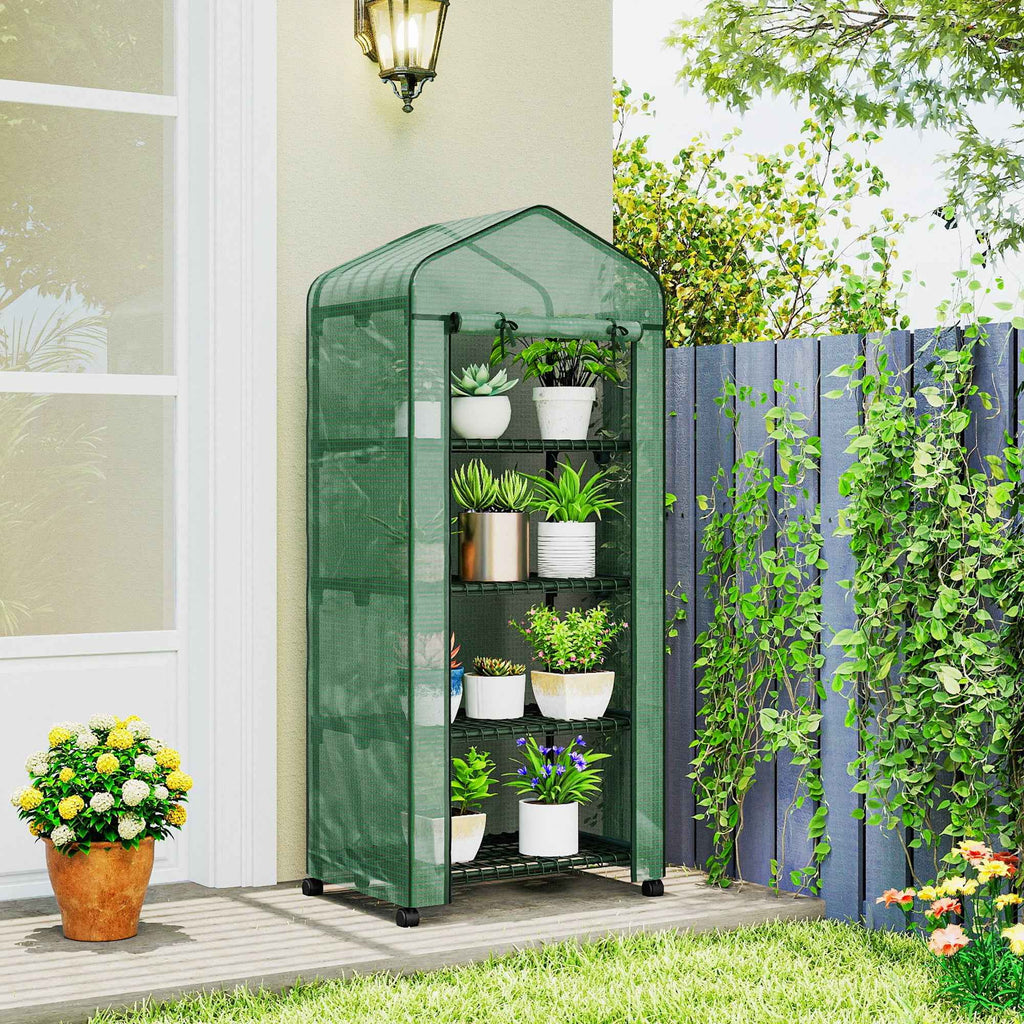 Outsunny 4-Tier Balcony Greenhouse with 4 Wheels and Roll-Up Entrance, Steel and PE, 69x50x165 cm, Green