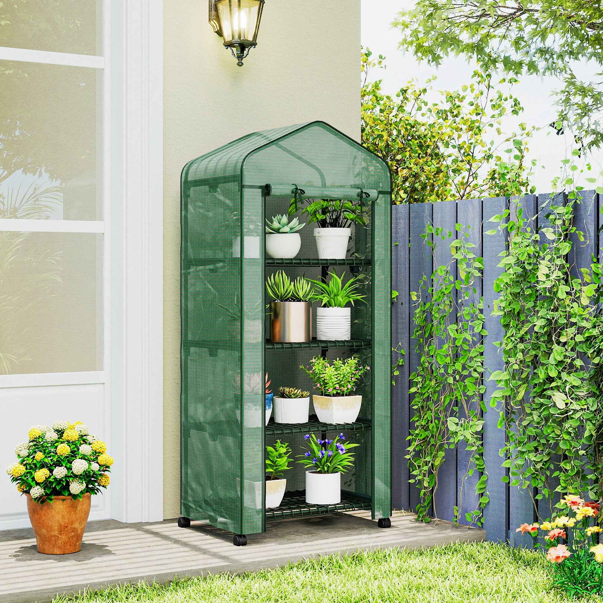 Outsunny 4-Tier Balcony Greenhouse with 4 Wheels and Roll-Up Entrance, Steel and PE, 69x50x165 cm, Green