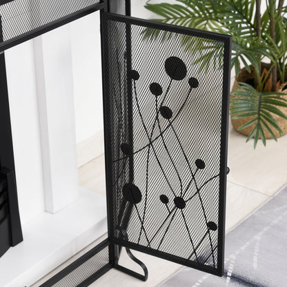 Foldable Spark Screen for Fireplace in Steel and Black Metal with 2 Magnetic Closing Doors, 125x80cm