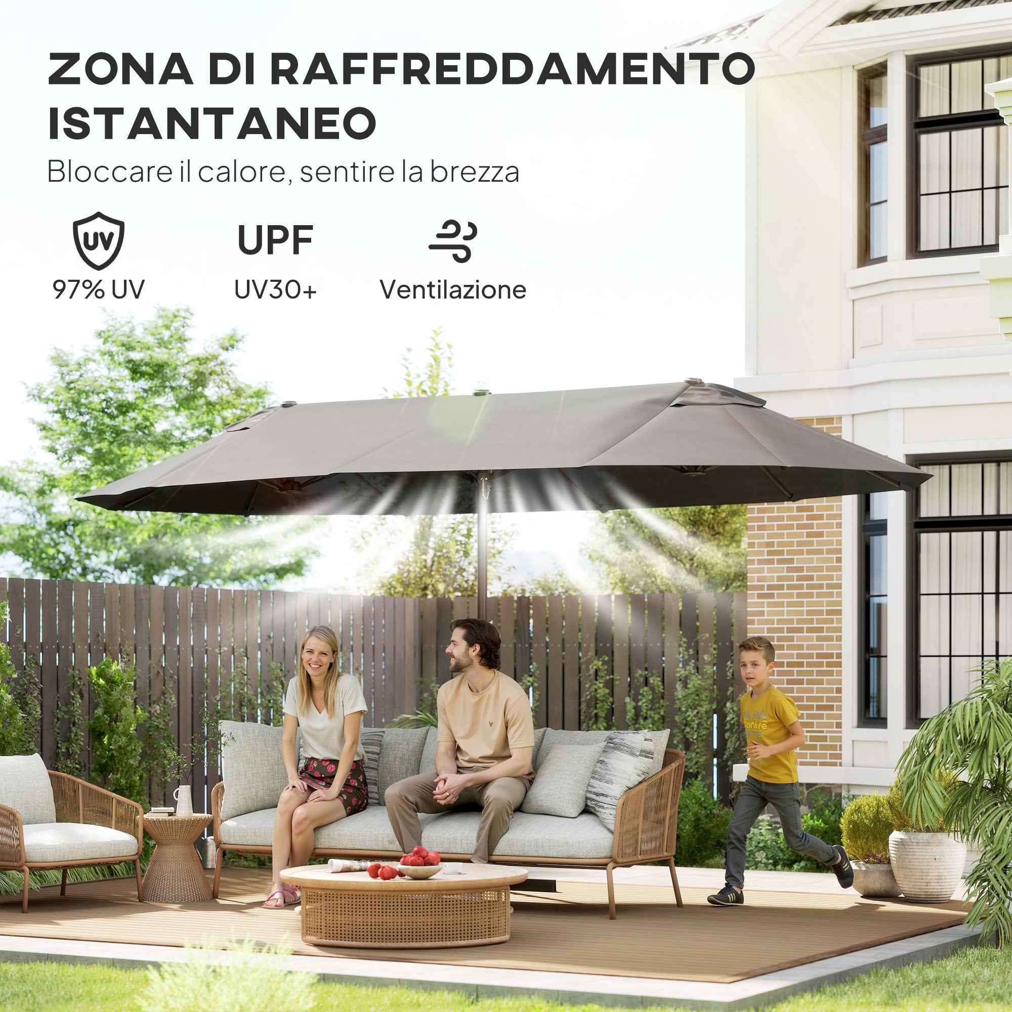 Outsunny Double Umbrella with 12 Ribs, Cross Base and Crank, in Steel and Polyester, 455x265x238 cm, Grey