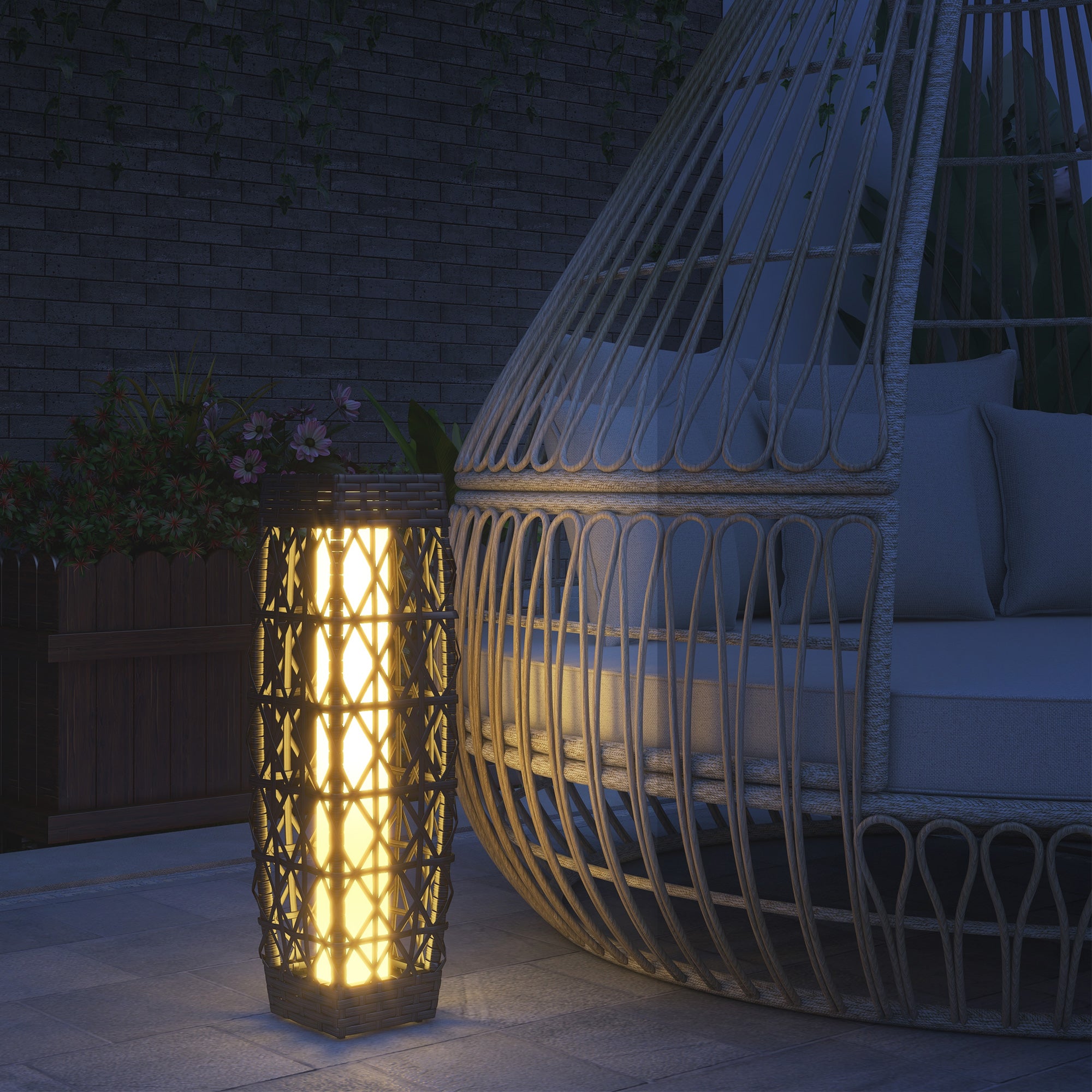 Solar Garden Lamp with LED Lighting, in Steel and PE Rattan, 20x20x68 cm, Gray