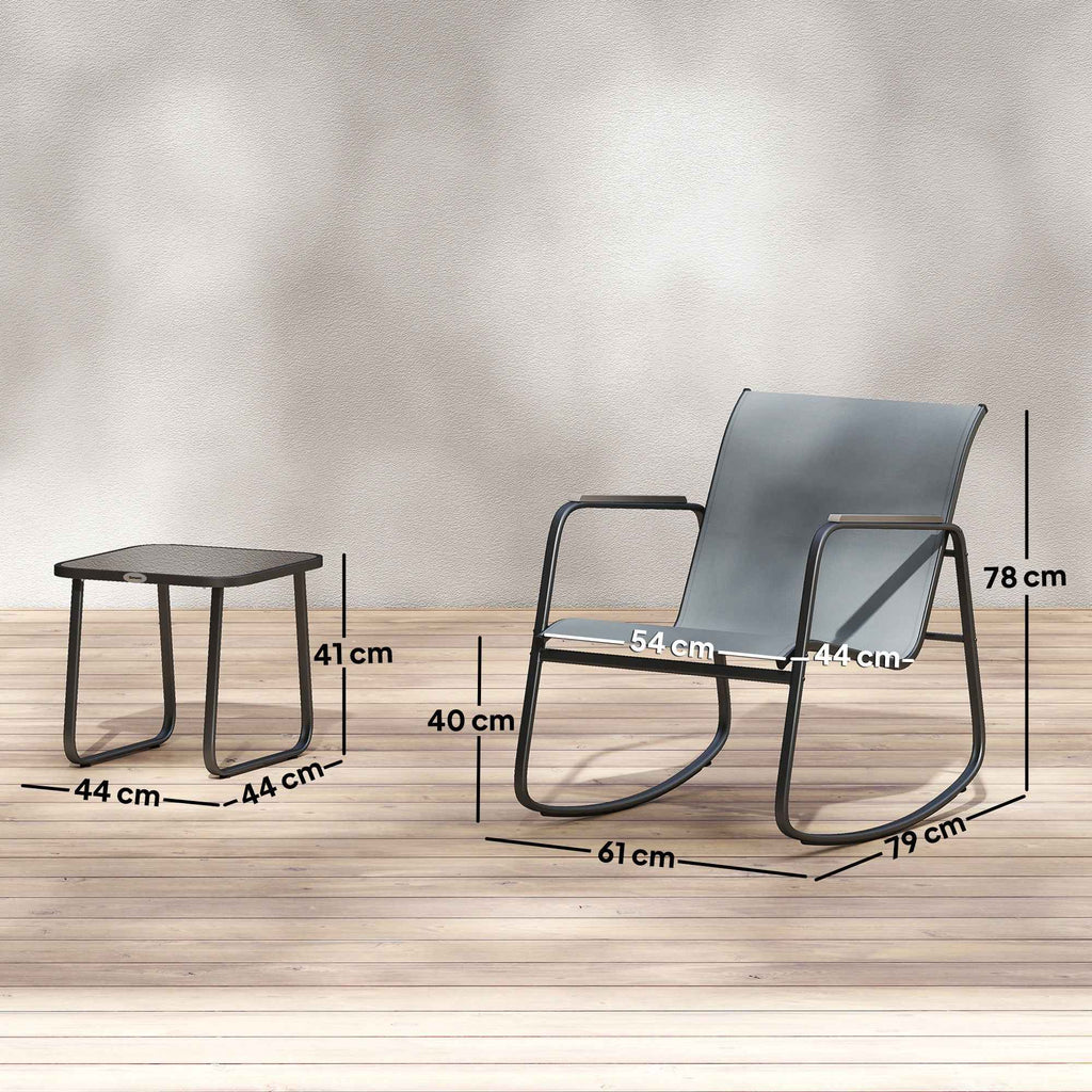 Outsunny 3-Piece Steel Outdoor Set with 2 Breathable Rocking Chairs and Glass-Top Coffee Table, Grey and Black