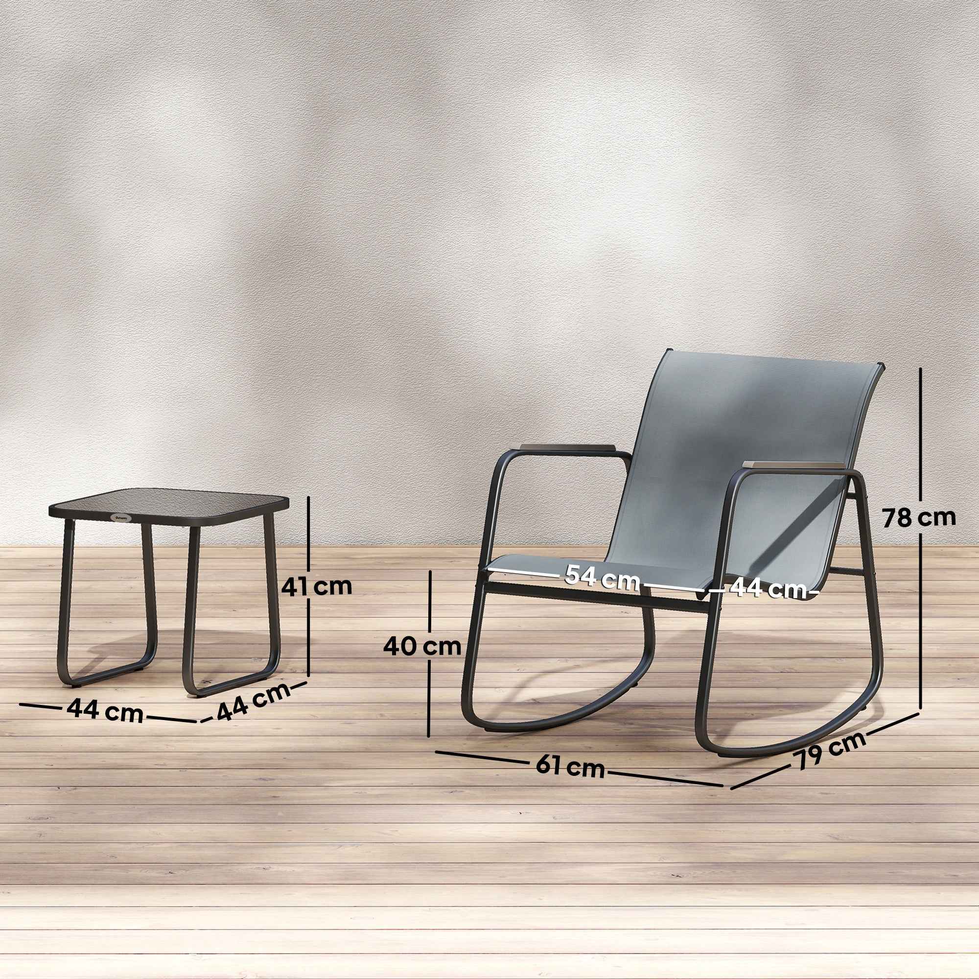 Outsunny 3-Piece Steel Outdoor Set with 2 Breathable Rocking Chairs and Glass-Top Coffee Table, Grey and Black