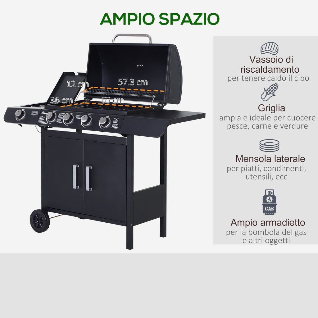 5 -stove gas barbecue outsunny with side shelves and locker, in steel and pp, 125x51x100 cm, black - Borgè