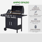 5 -stove gas barbecue outsunny with side shelves and locker, in steel and pp, 125x51x100 cm, black - Borgè