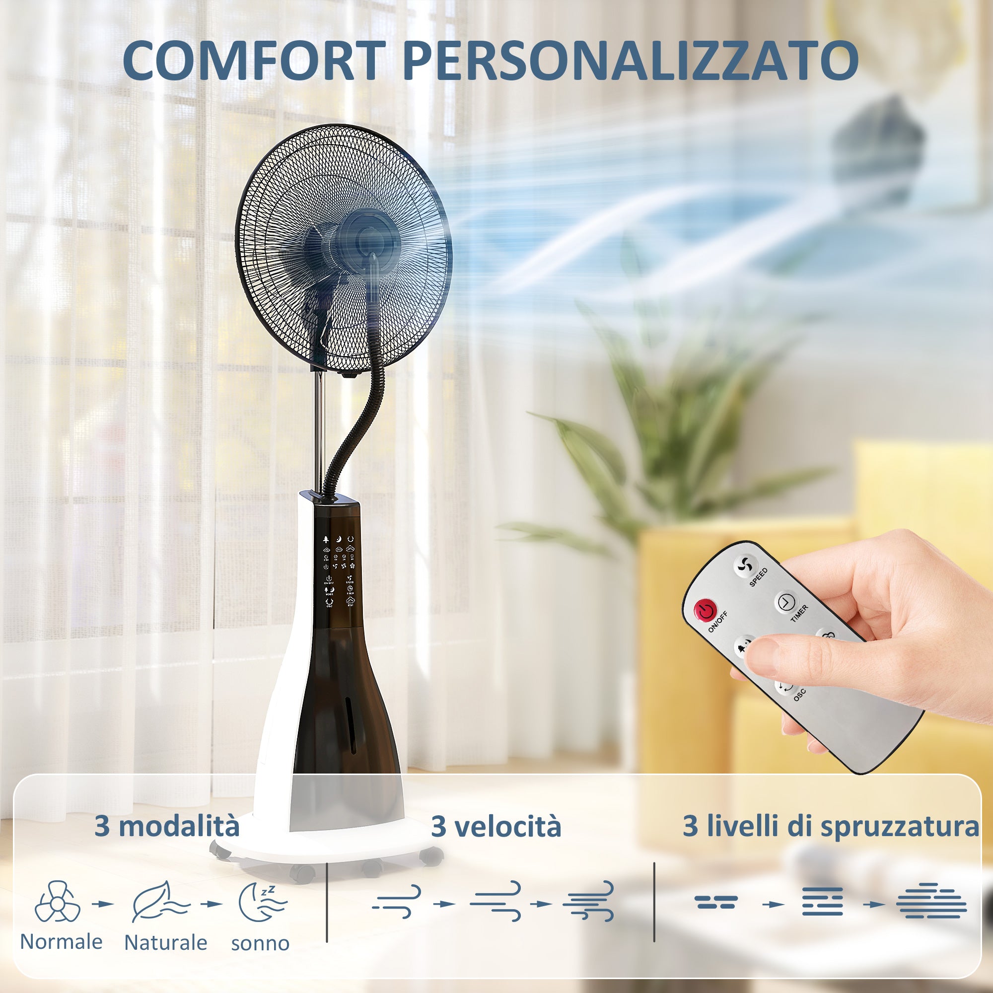 3L Misting Fan with 3 Modes and 3 Speeds, Made of Plastic and Metal, 50x40x125 cm, White and Black