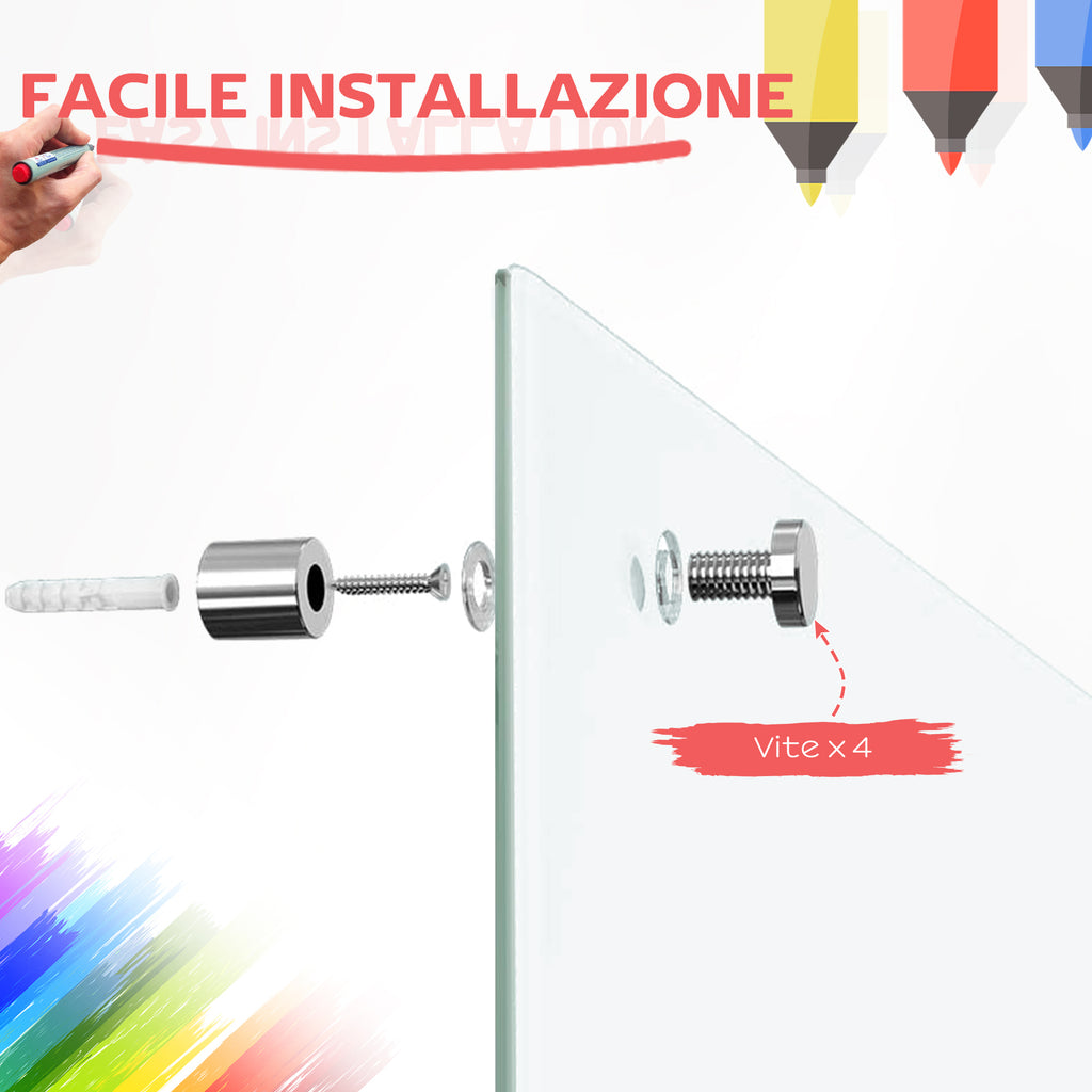 Glass and Aluminum Whiteboard with 4 Colored Markers and Eraser, 90x60x0.4 cm