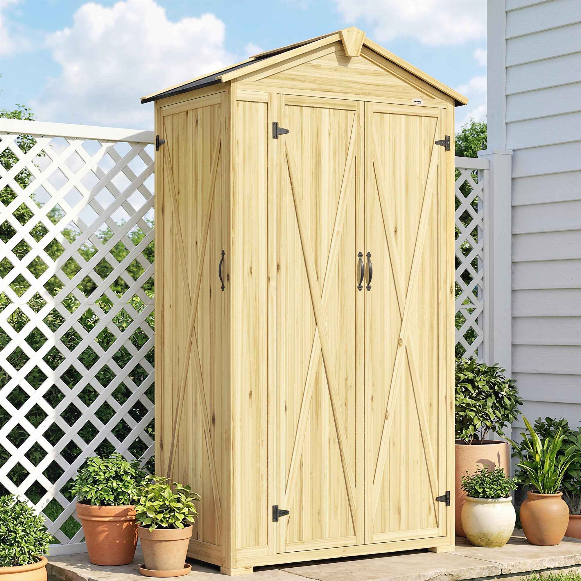 Outsunny 3-Door Garden Cabinet with 4 Shelves and Hooks, in Fir Wood, 93x53x168 cm, Wood Color