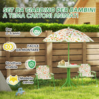 Garden Set for Children 2-5 Years with Round Table, 2 Folding Chairs and a Parasol, Green