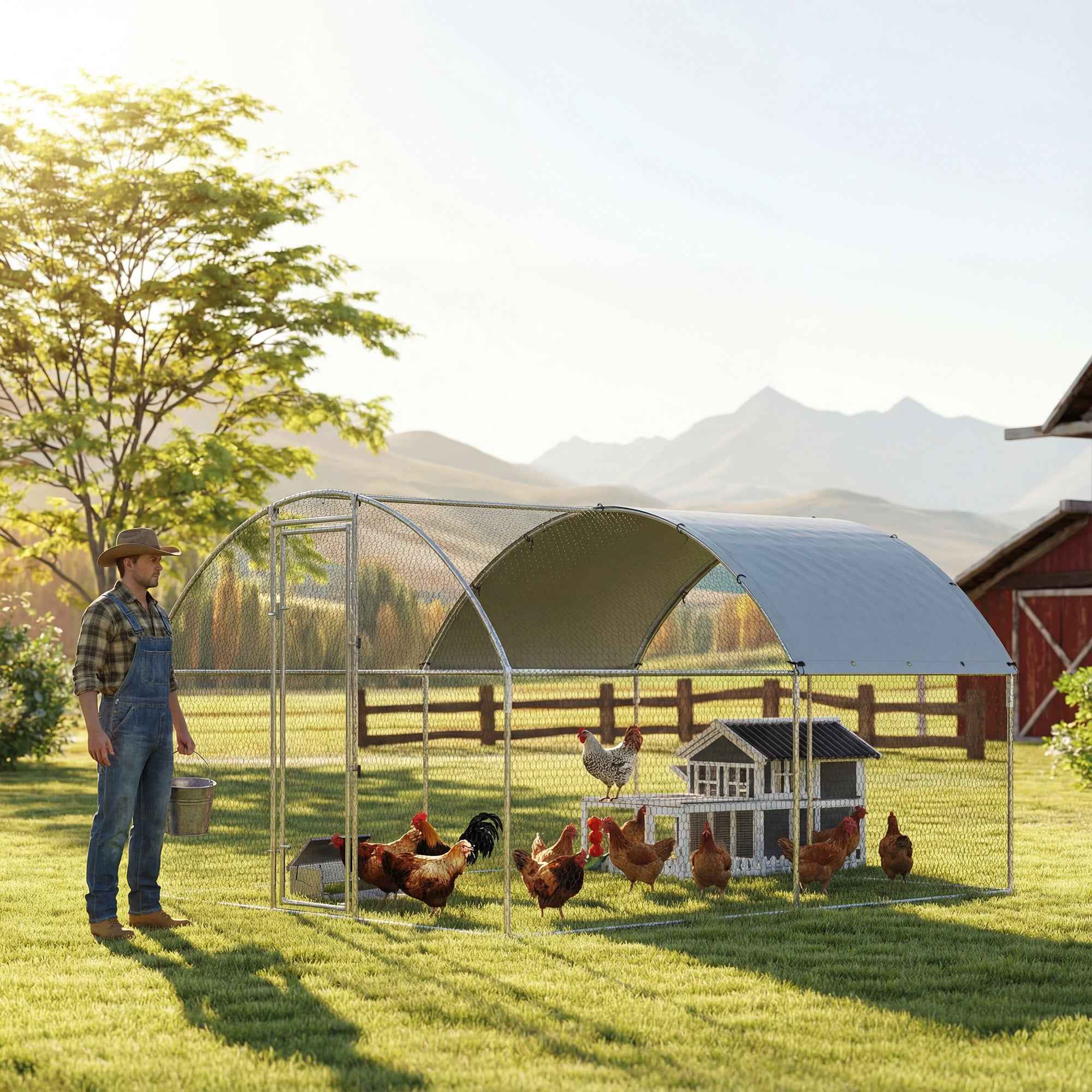 PawHut Outdoor Chicken Coop with Waterproof Roof and Lock, Galvanized Steel, 2.8 x 3.4 x 1.9 m, Silver