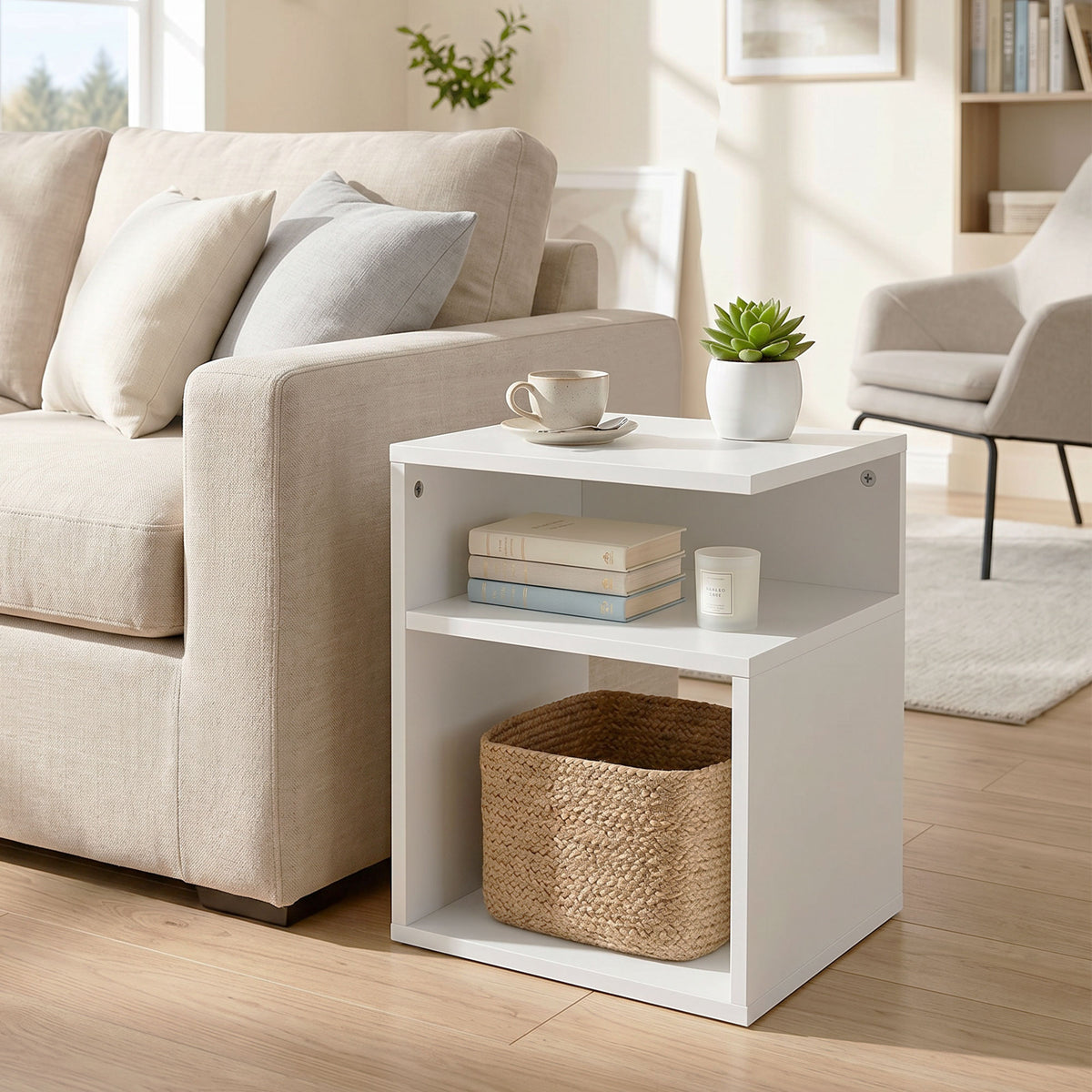 HOMCOM Modern Coffee Table with 3 Open Shelves for Living Room, Bedroom, Study, White