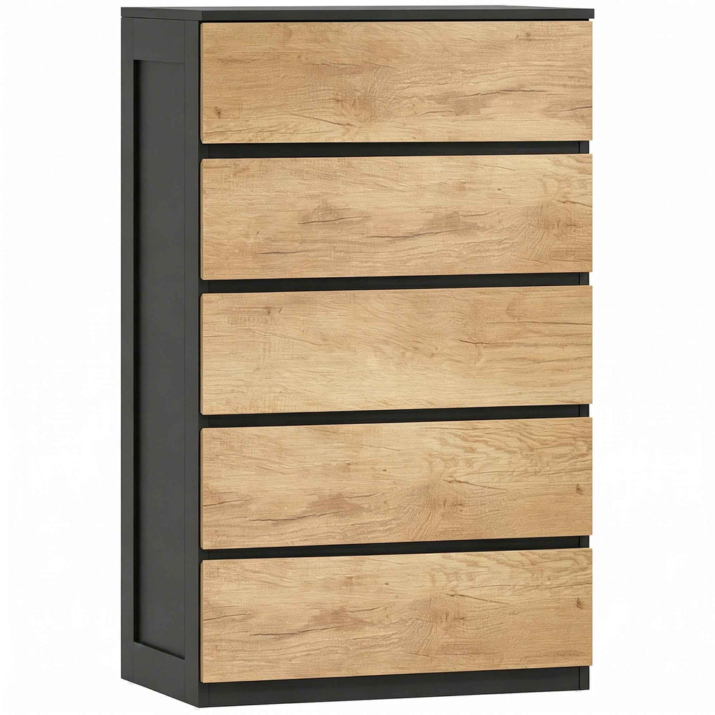 HOMCOM 5-Drawer Wooden Chest of Drawers with Metal Rails and Grooved Handles, 60x39x100 cm, Black and Oak