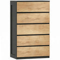 HOMCOM 5-Drawer Wooden Chest of Drawers with Metal Rails and Grooved Handles, 60x39x100 cm, Black and Oak