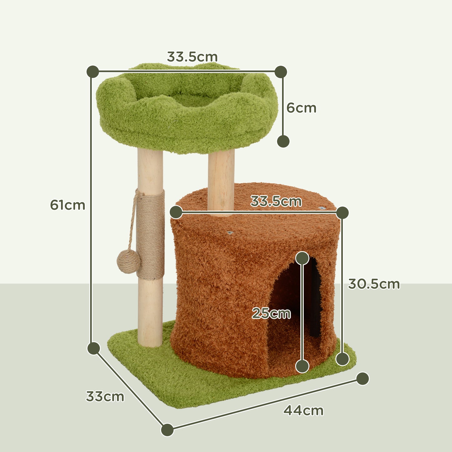 Cat Scratching Tree with House, Bed and Toy Ball, Made of Wood and Plush, 44x33x61 cm, Green