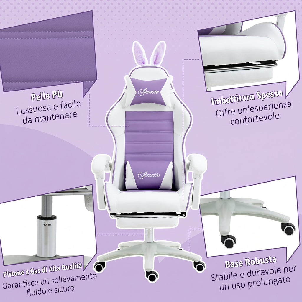 Vinsetto Gaming Chair with Rabbit Ears, Footrest, Cushions, Reclining and Adjustable Height, Purple