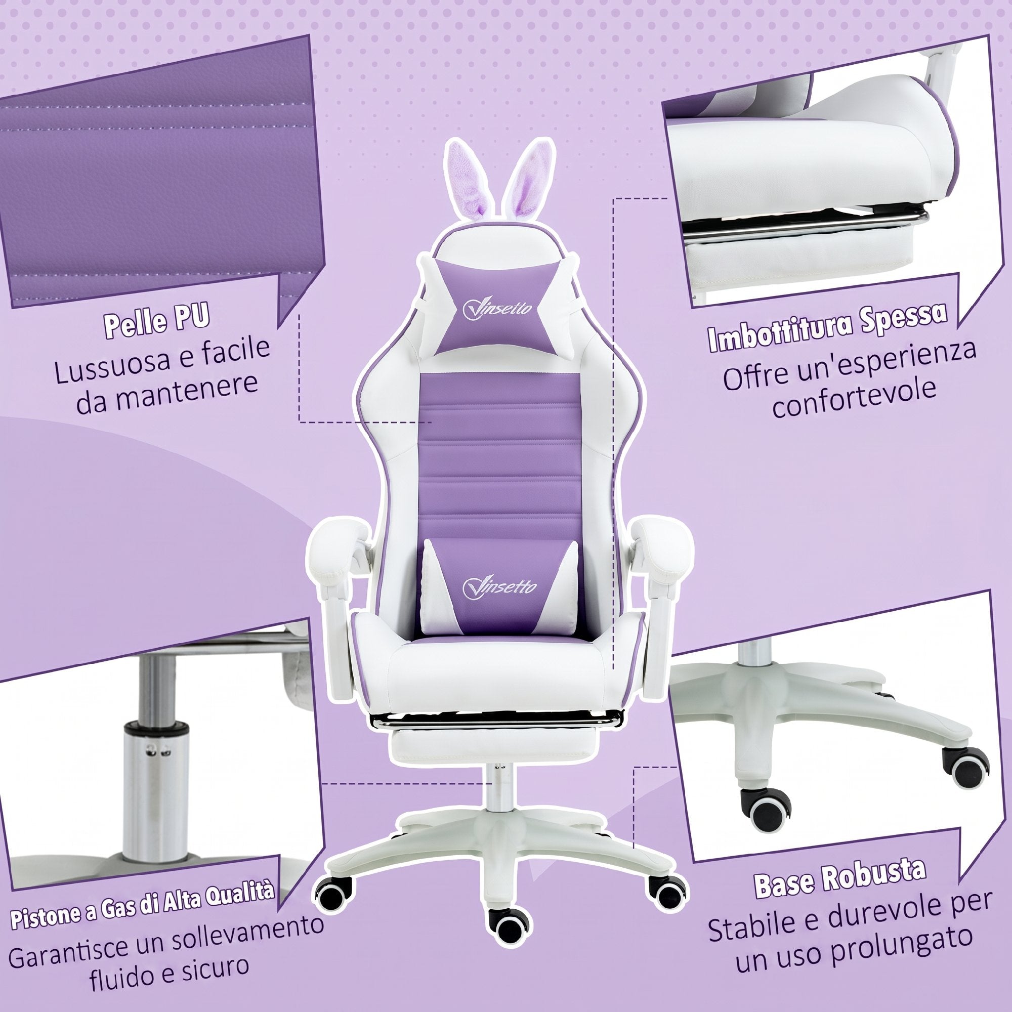 Vinsetto Gaming Chair with Rabbit Ears, Footrest, Cushions, Reclining and Adjustable Height, Purple