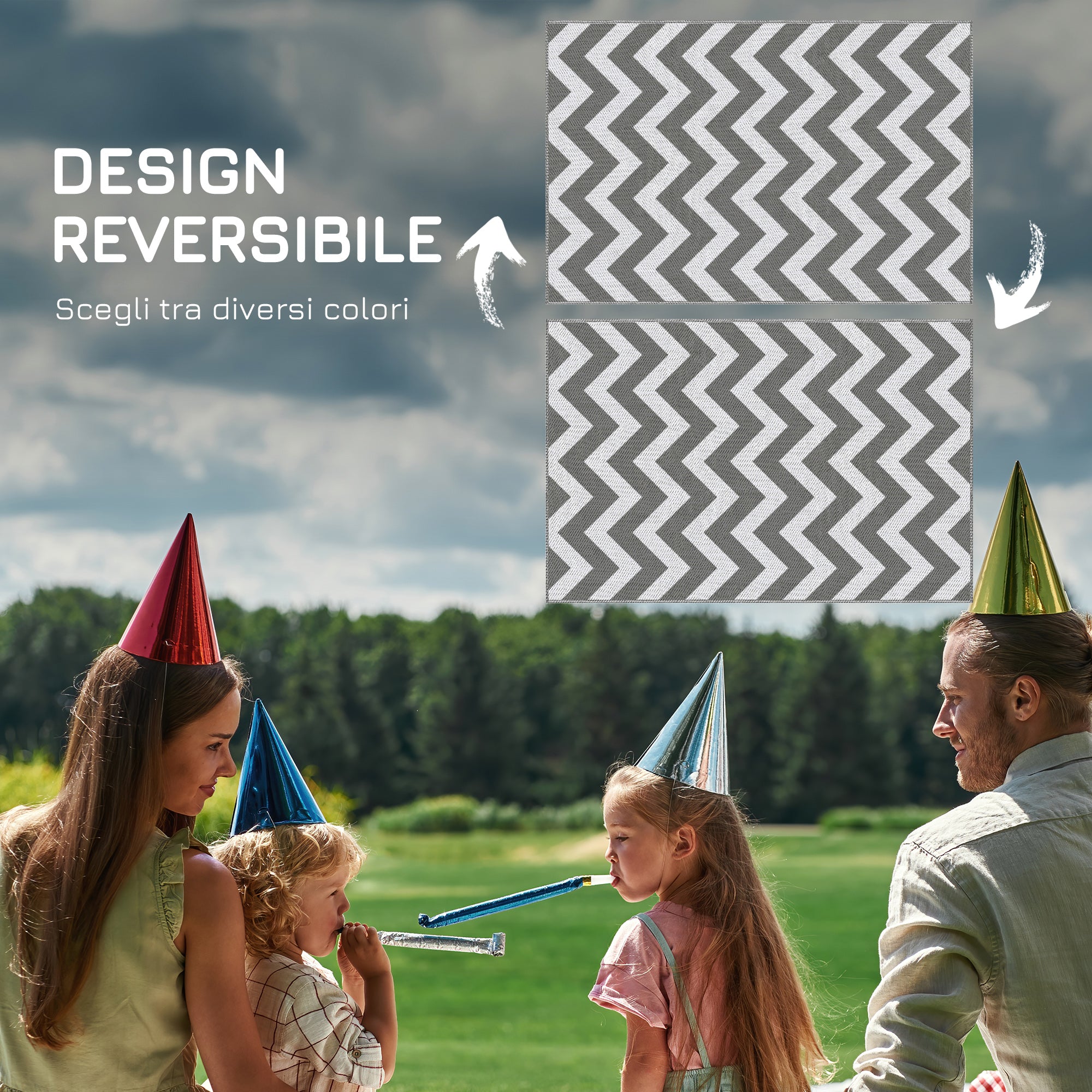 Reversible Outdoor Rug with Geometric Pattern, 121x182 cm, Grey and White