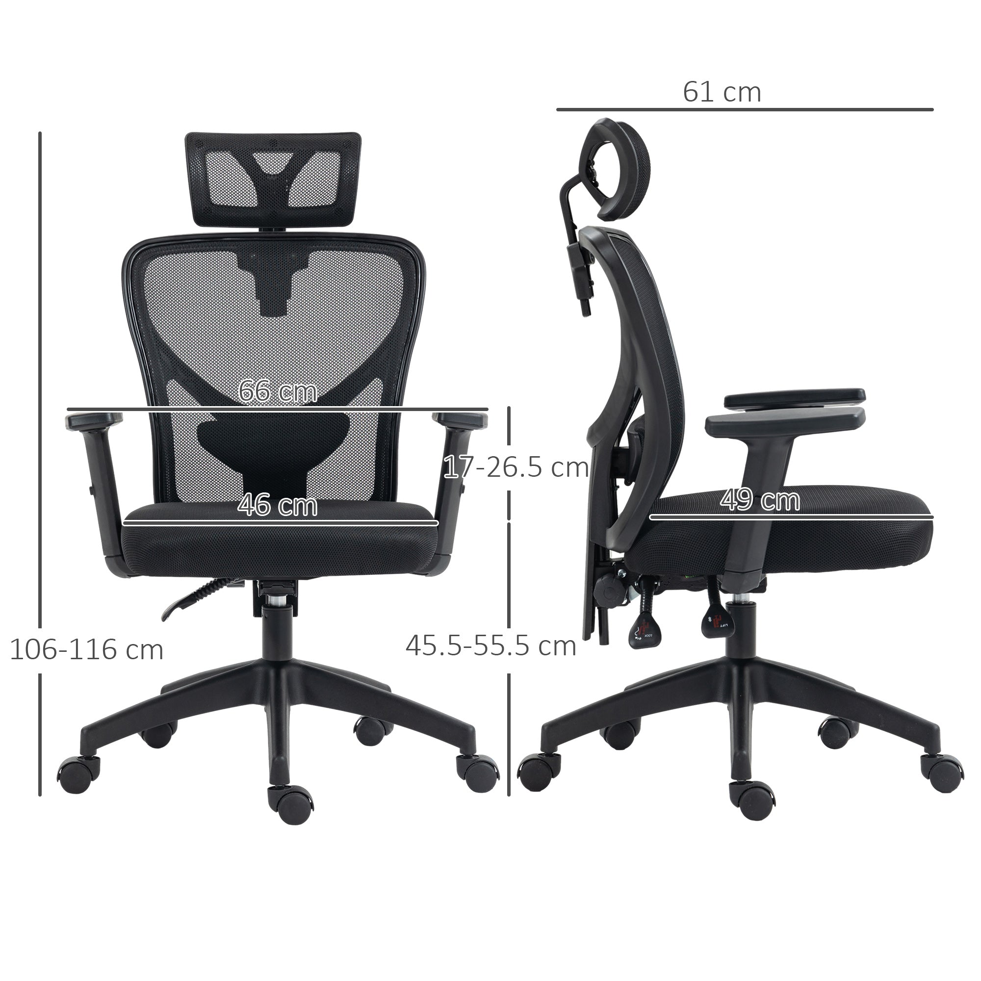 Ergonomic office chair with adjustable height, lumbar support and headrest, 66x61x106-116cm black - Borgè