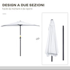 Crescent Moon Terrace Umbrella with Crank Opening and 2-Section Pole, 2.6x1.35 m, White