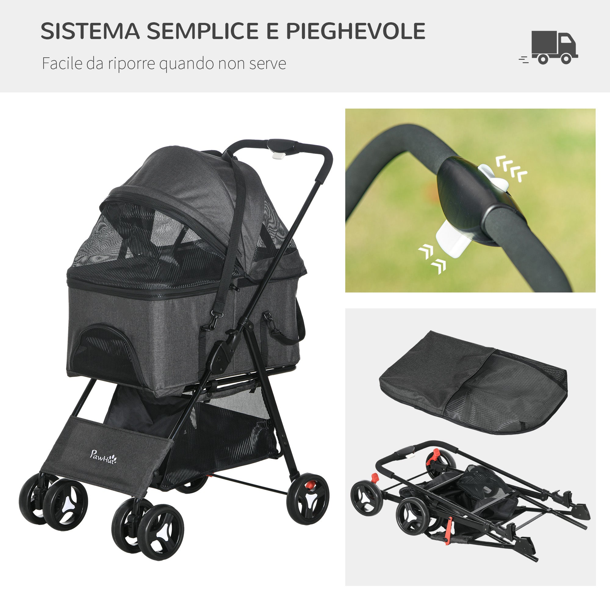 PawHut 3 in 1 Dog Stroller Convertible into Bag and Carrier with Leash and Cushion, Gray - Borgè