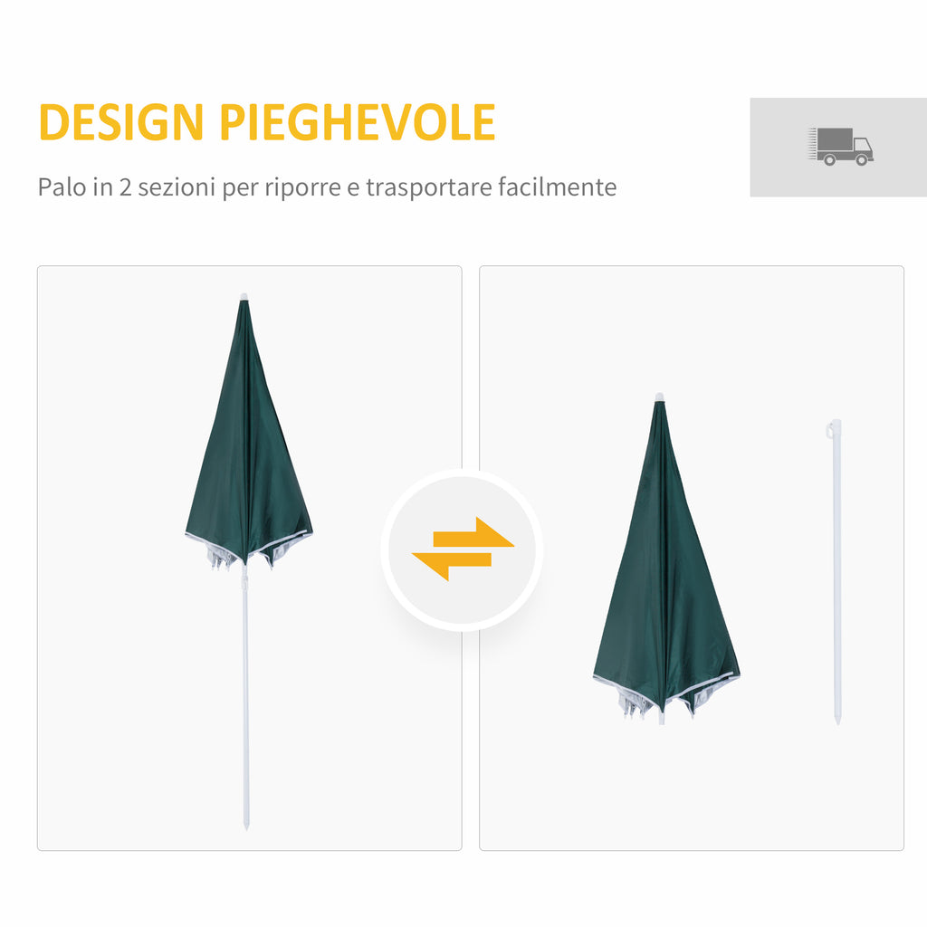 Outsunny 2x2m Beach and Garden Umbrella with Awning, Polyester and Metal, Green and White