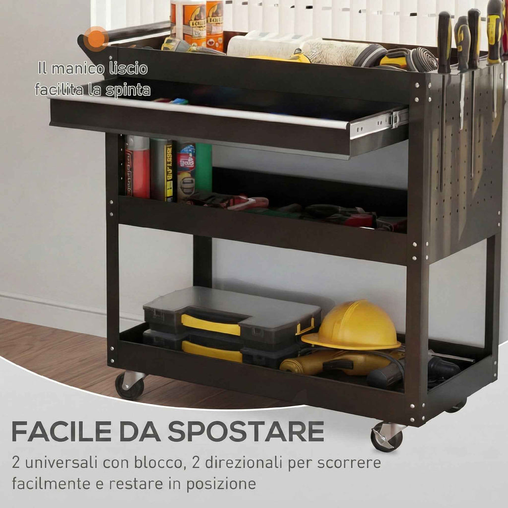 DURHAND 3-Tier Steel Trolley with Drawer, Side Tool Holder and Handle, Black
