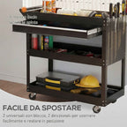 DURHAND 3-Tier Steel Trolley with Drawer, Side Tool Holder and Handle, Black